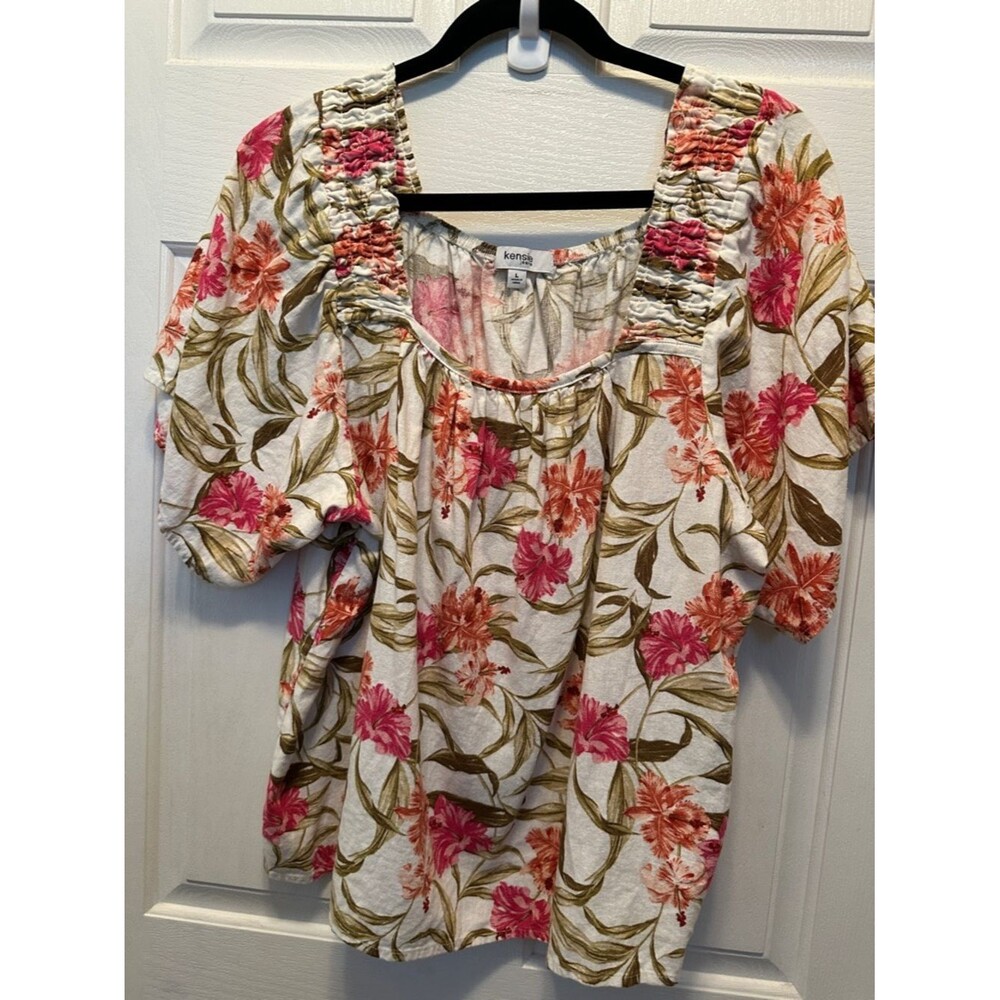 Kensie Linen blend Floral Smocked Square-Neck Top in Pink and Green Size L